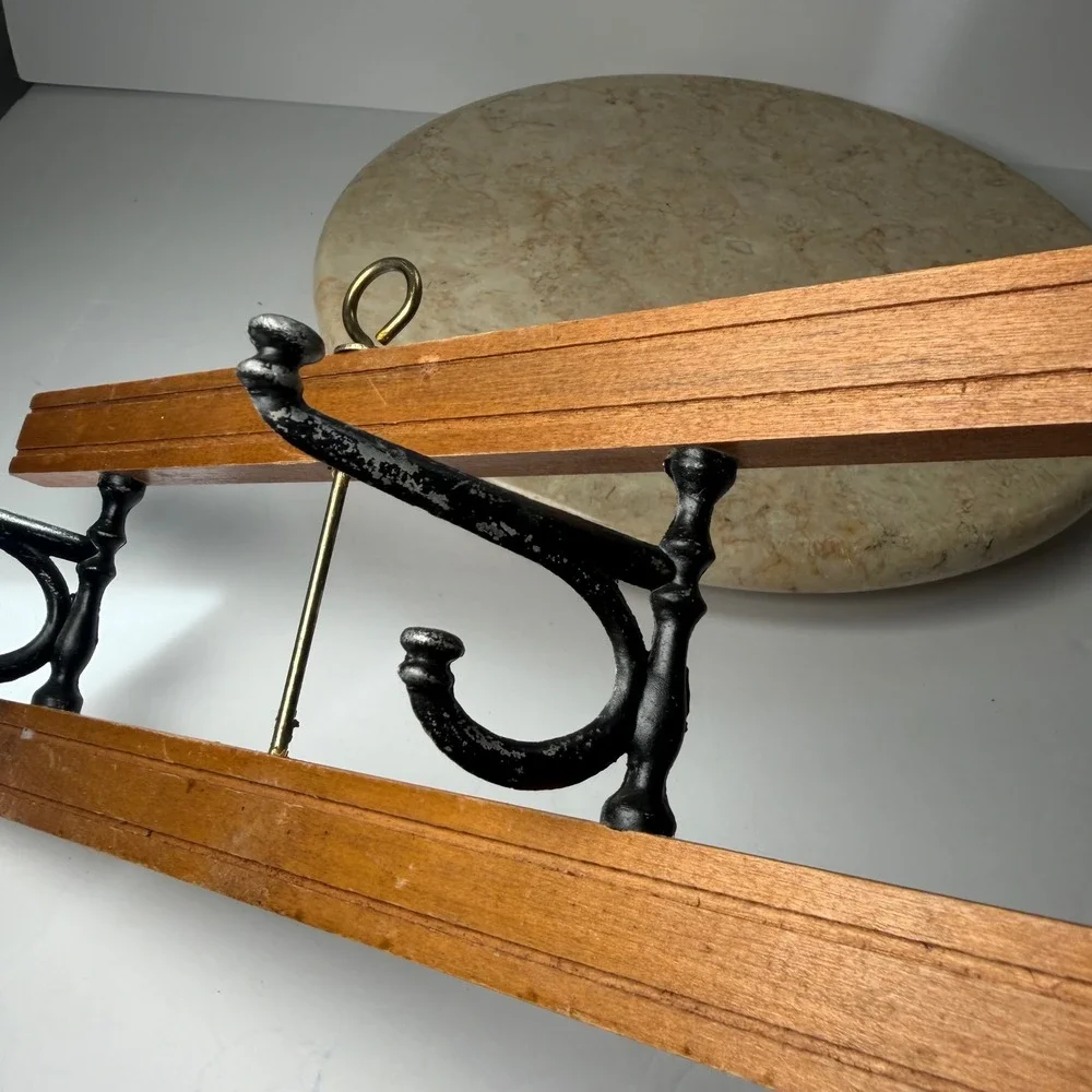 Vintage Wood Cast Iron Wall Mount Coat Rack 24